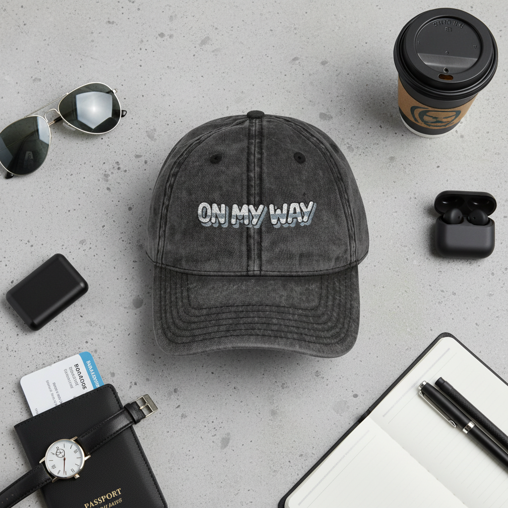 On My Way Embroidered Vintage Cap Washed Cotton Adjustable