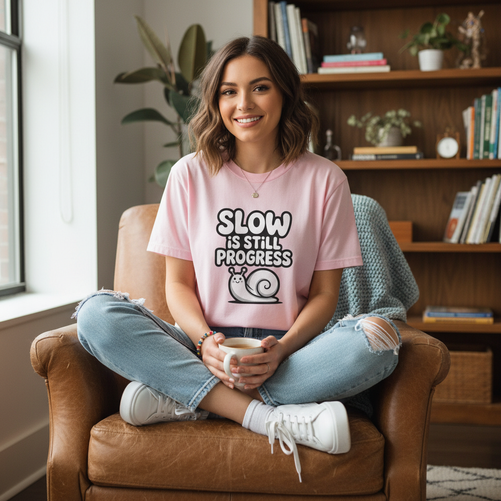Slow Is Still Progress T-Shirt | Cute Snail Motivational Graphic Tee | Unisex Red Shirt